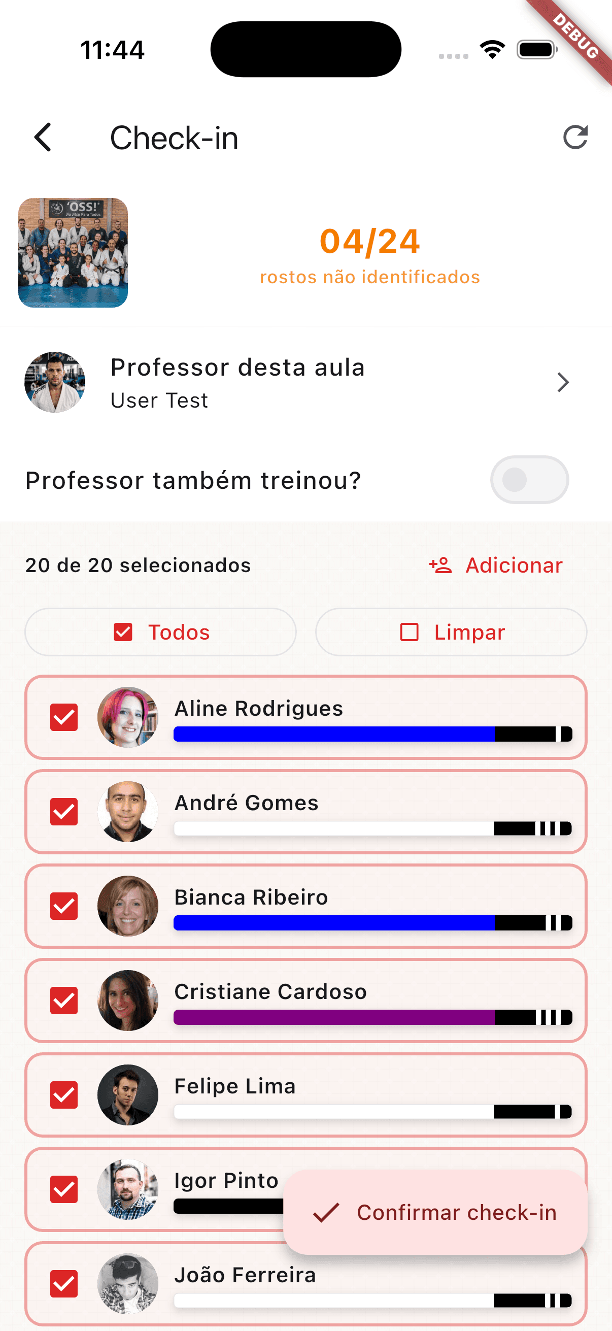 Tela de check-in do Katame com reconhecimento facial